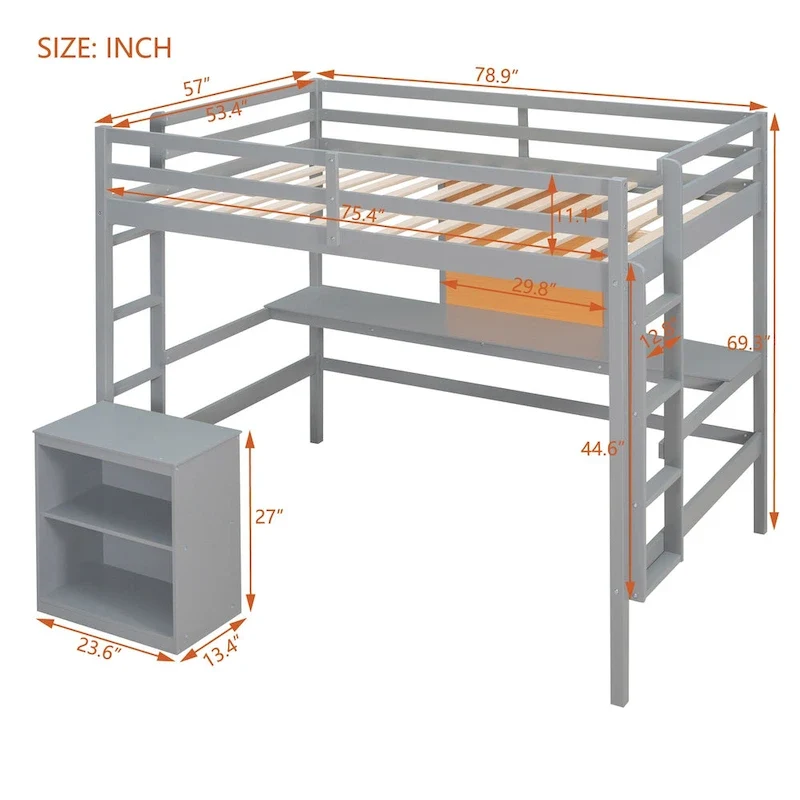 Full Pine Loft Bed with Desk and Writing Board
