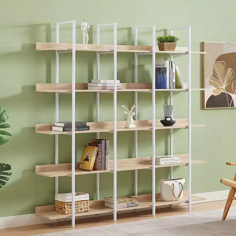 5 Tier Bookcase Home Office Open Bookshelf, Vintage Industrial Style Shelf, MDF Board, White Metal Frame