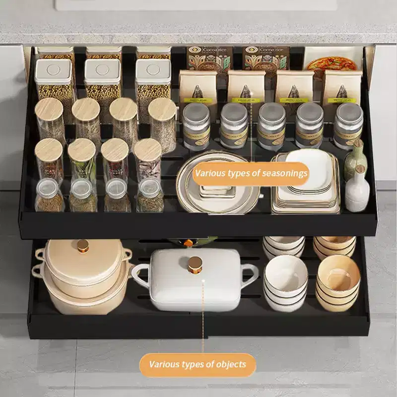 1Pc Expandable Pull Out Cabinet Organizer, Width Adjustable Slide Out Drawers, 3 Rails Large