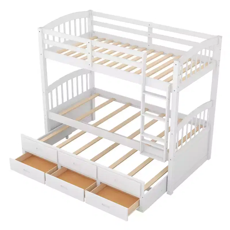 Wood Twin over Twin Bunk Bed with Ladder, Trundle & Drawers