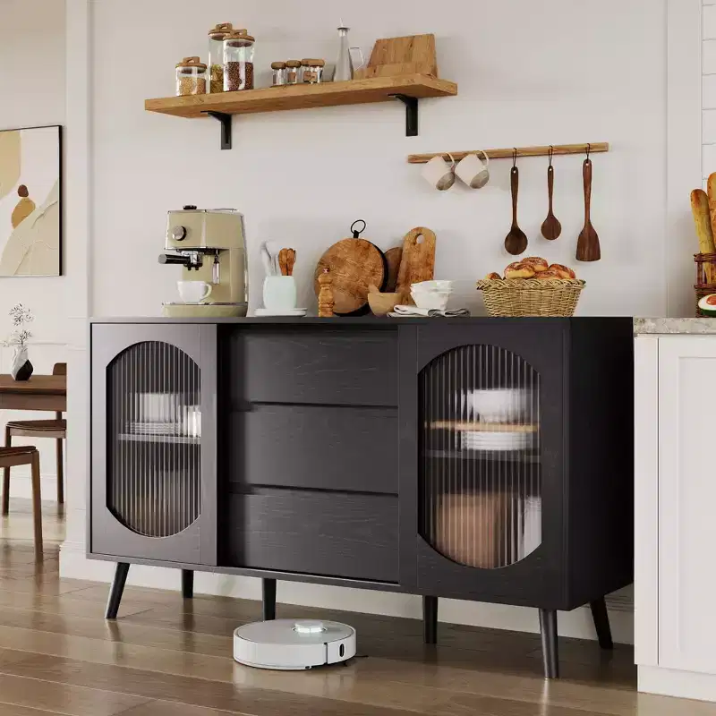 Buffet Cabinet with Storage, Fluted Glass Sliding Doors & Drawers, Black Sideboard for Kitchen, Dining, Living Room
