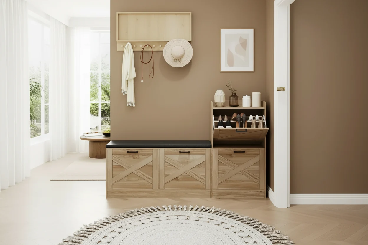 Shoe Storage Bench with Flip Drawers, Padded Seat, Narrow Hidden Shoe Cabinet Organizer for Hallway & Living Room