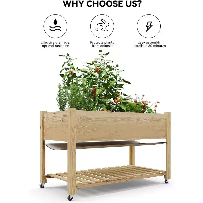 Raised Garden Bed, 48x24x32 Inch Wooden Planter Box with Locking Wheels - Indoor/Outdoor Herb Veggie Flower Planter