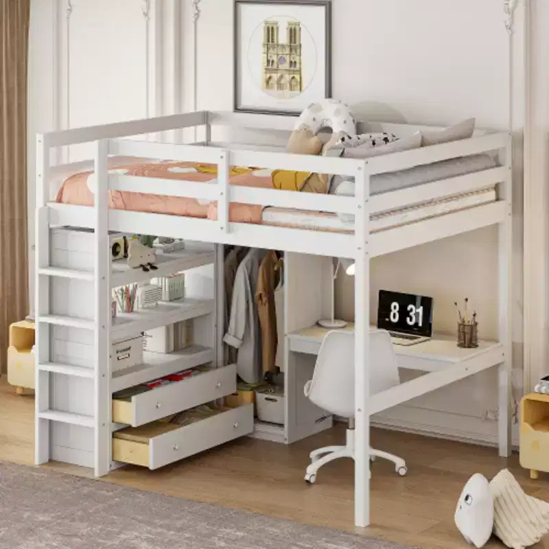 White Wood Full Size Loft Bed with Built-in Wardrobe, Desk, Storage Shelves and Drawers.