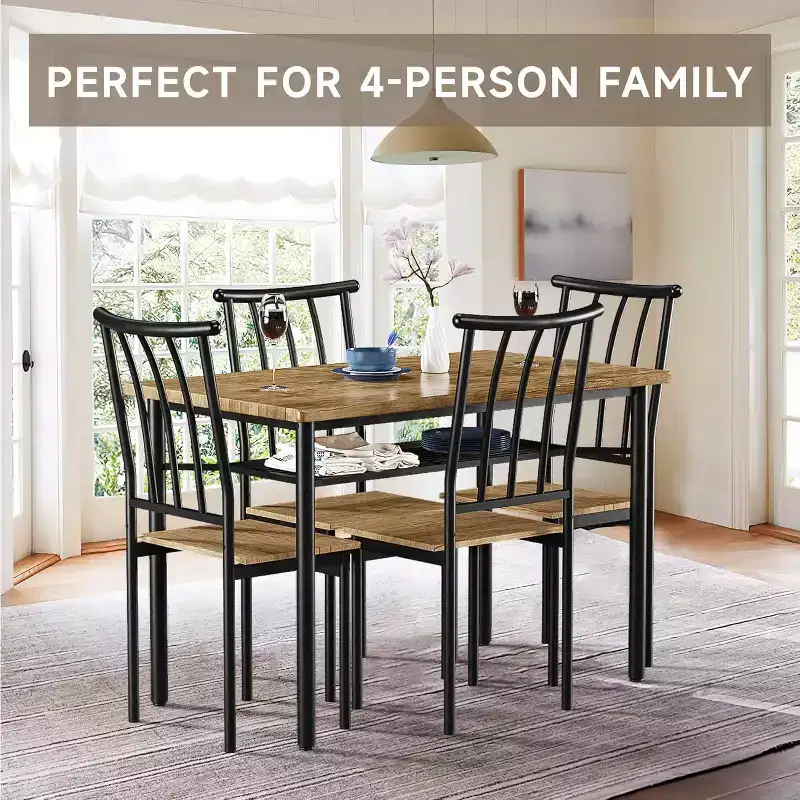 Coolmee 5-Piece Rustic Dining Set - Table & Chairs for 4 with Storage Rack