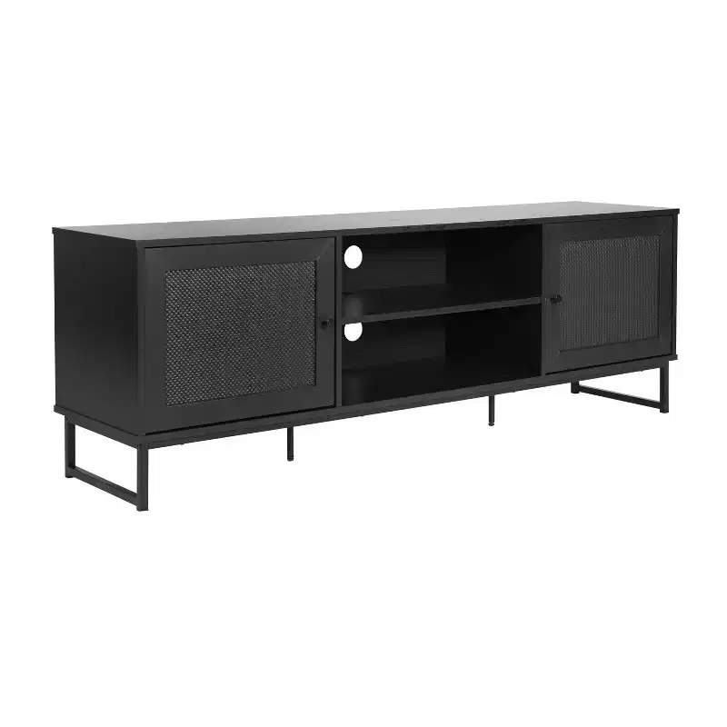 Flash Furniture Malaki Mid-Century Modern 65 Inch TV Stand with 2 Rattan Soft Close Doors and Fixed Center Shelf, TV Stand for up to 70 TV's