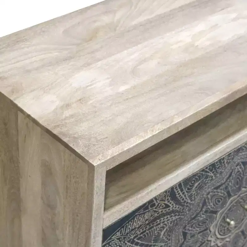 Bohemian Solid Mango Wood Accent Cabinet with Screen Printed Pattern, Natural Finish