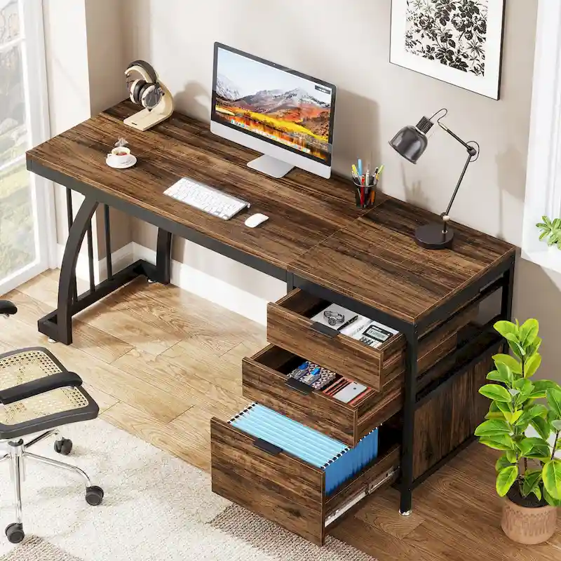 Large Computer Desk with Reversible Drawer Cabinet