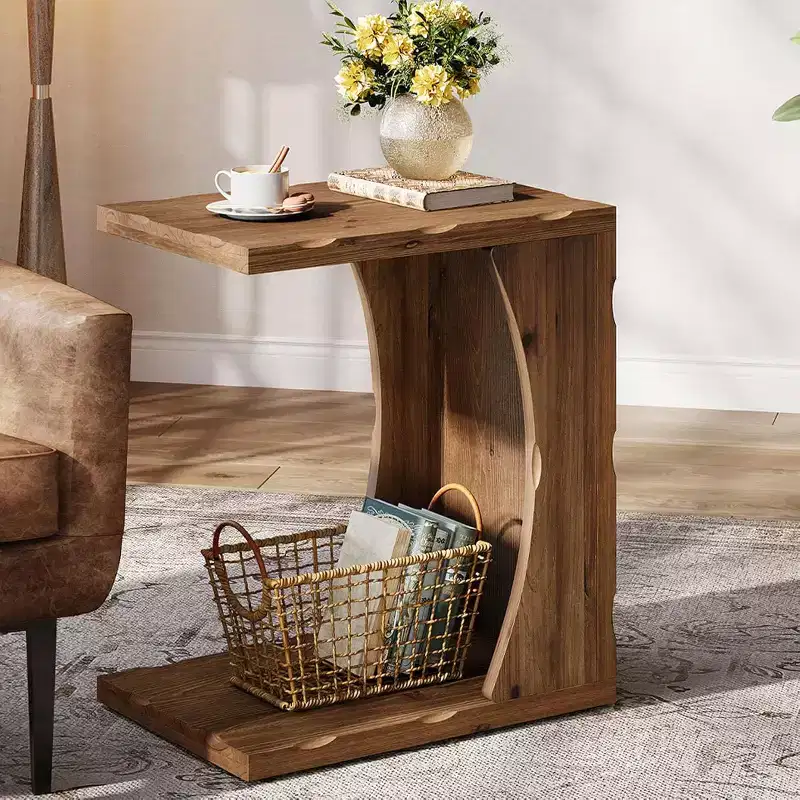 C-Shaped End Table with Storage Shelf, Solid Wood, Rustic Brown, Easy Assembly