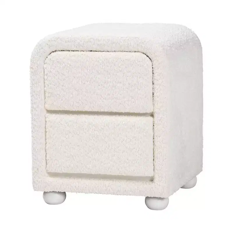 Baxton Studio Bonilla Teddy Bear Fabric & Rubberwood 2 Drawer Nightstand White: Modern, Metal Glides, Smooth Finish