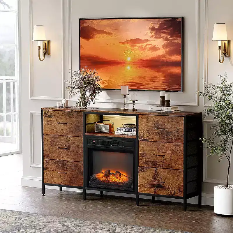 Fireplace TV Stand with Fabric Drawer, LED Lights & Open Storage Shelves – Industrial Entertainment Center