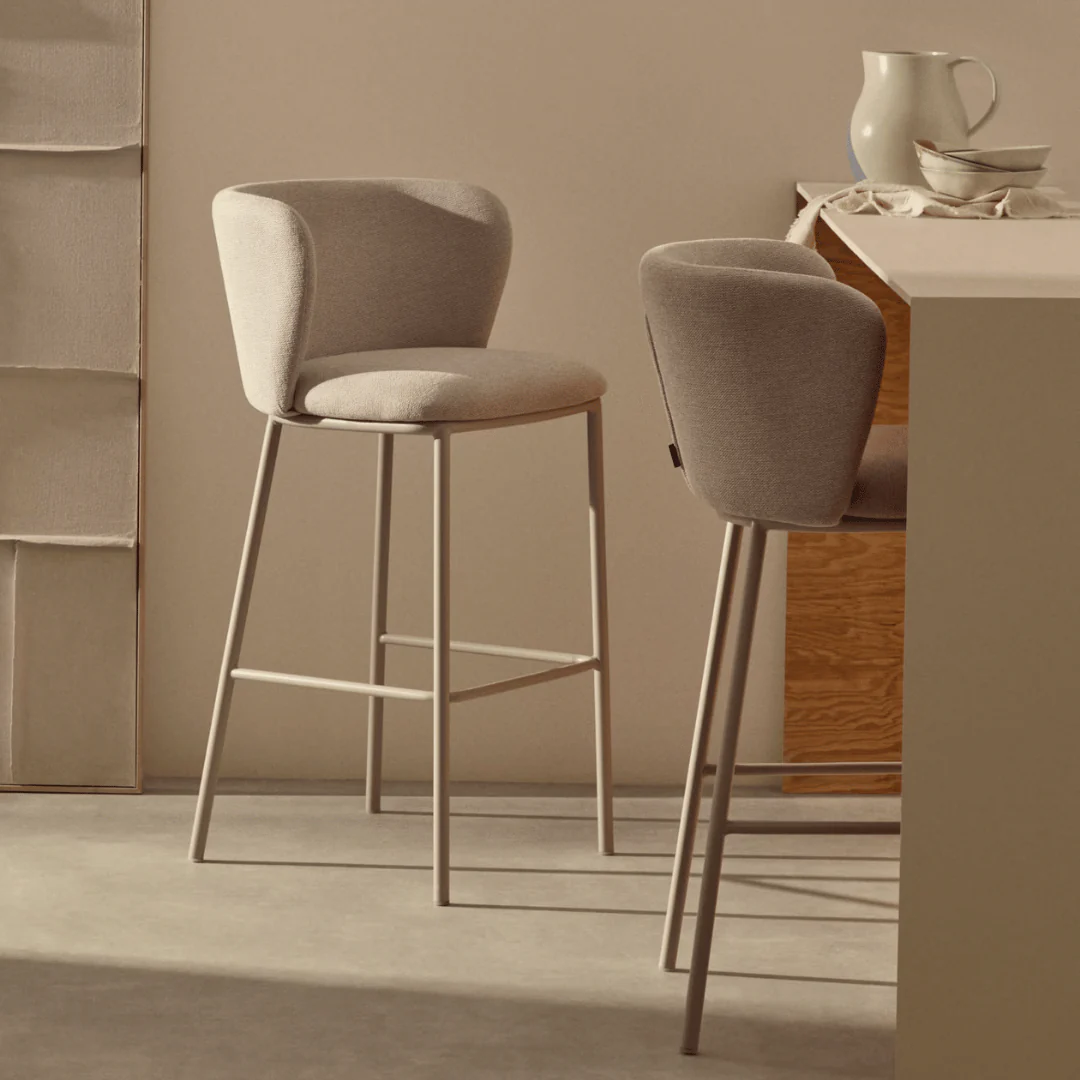 Modern Ivory Chenille Barstool with High Density Foam and Curved Back for Kitchen
