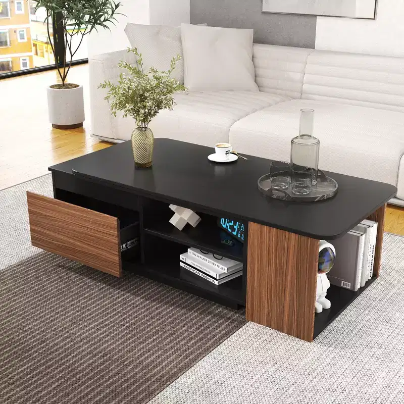 Extendable Coffee Table Cocktail Table Adjustable Wood Center Table Side Table with 2 Storage Drawers, Black+Walnut Brown-ModernLuxe