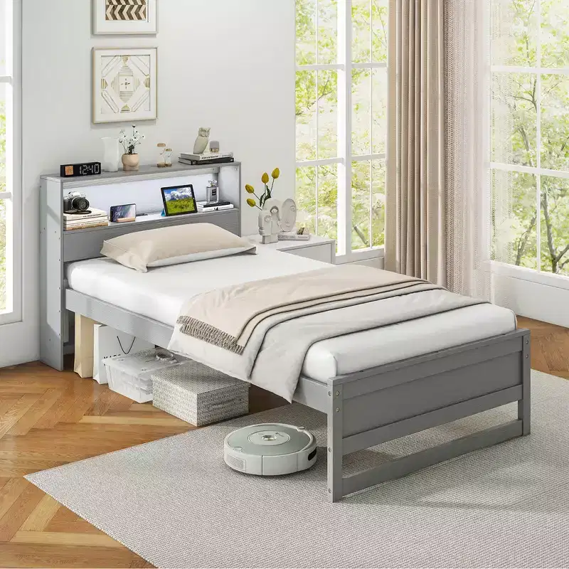 Costway Twin Size Wooden Bed Frame w/ Charging Station & LED Light Storage Headboard