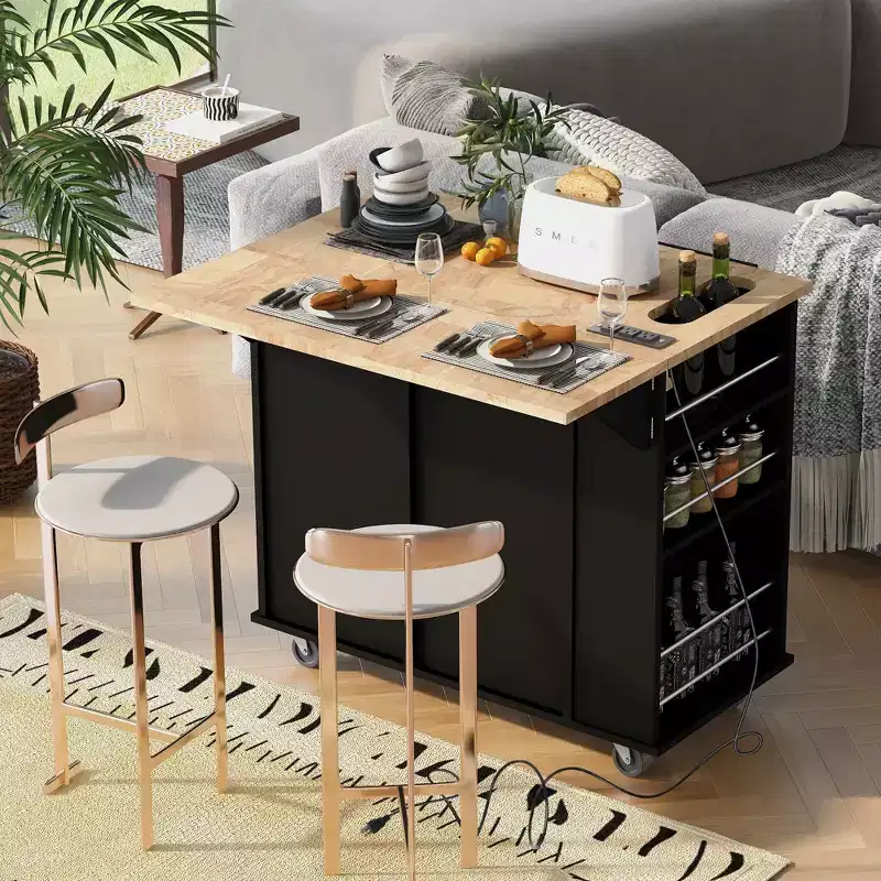 Kitchen Island with Power Outlet Drop Leaf and Rubber Wood Wine Rack, 5 Wheels, Adjustable Storage for Home Dining Room, Black
