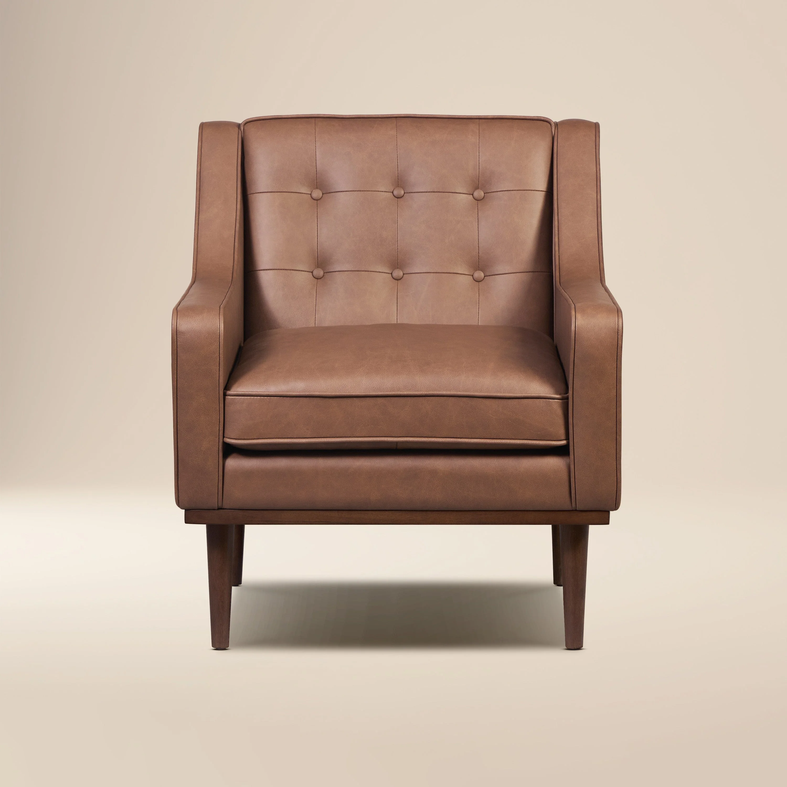 Modern Caramel Brown Leather Lounge Chair with Tufted Back