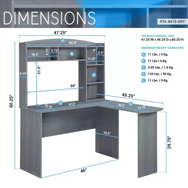 Modern L Shaped Desk with Hutch Gray - Techni Mobili