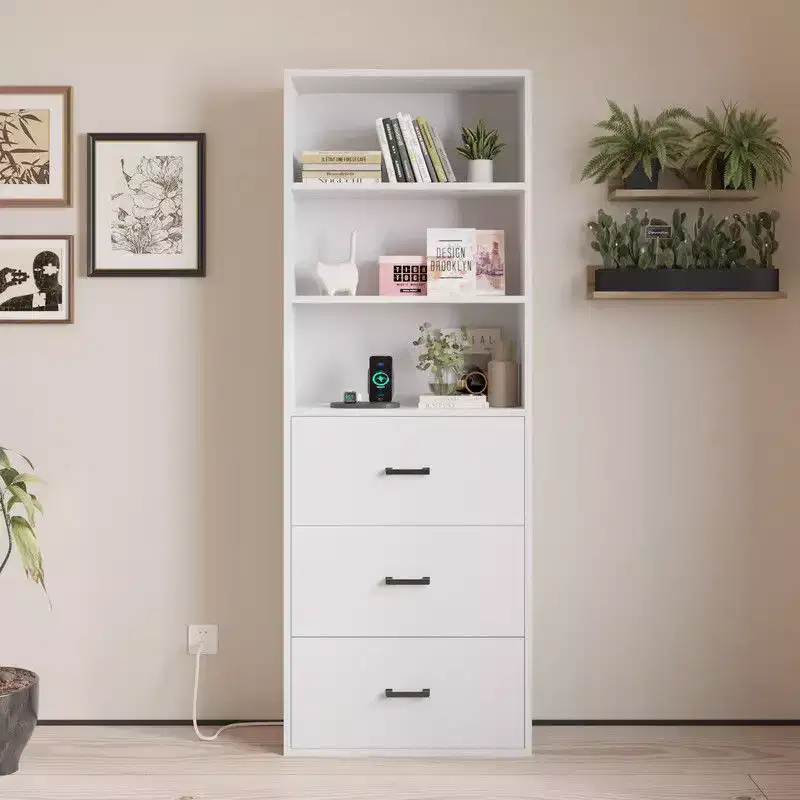 Karl Home White Display Cabinet with 3-layer 3-drawer 2 USB 2 Outlet 70.86in.H