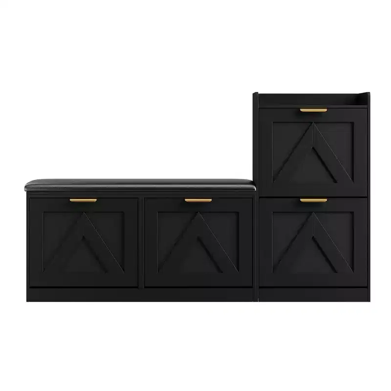 Acekool Rustic Shoe Cabinet Bench 4 Flip Drawers Adjustable Seat for Entryway Hallway Bedroom