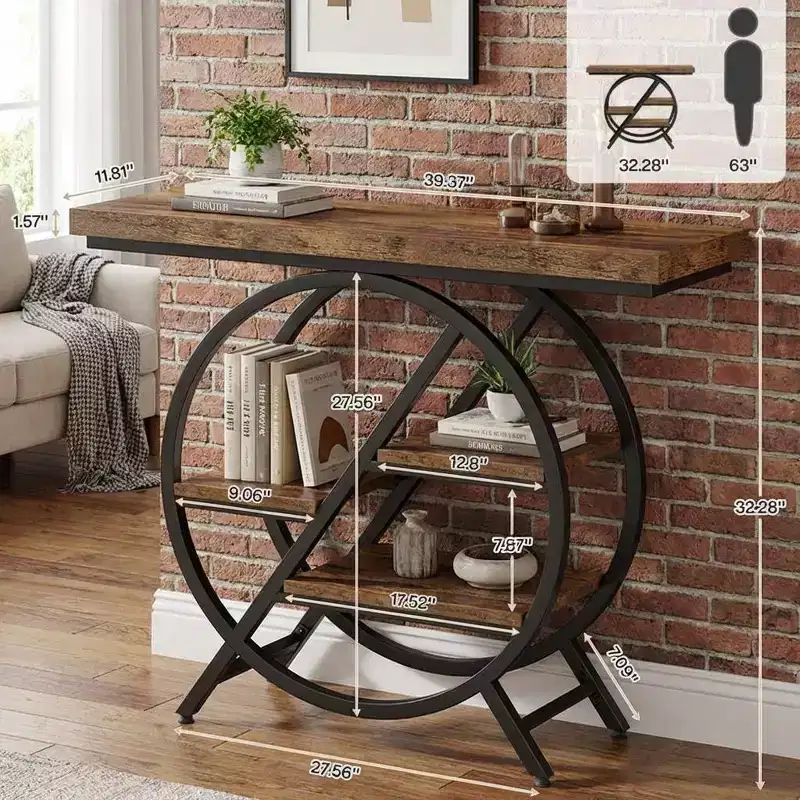 JVNOXK Industrial Chic Hall End Table with Round Metal Frame & Open Storage Shelves