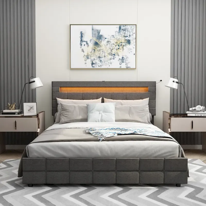 60.6 Queen Bed Frame with Drawers LED Bed Frame USB Charging Station