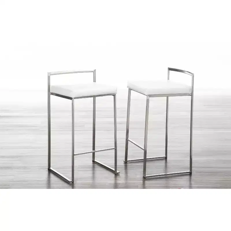 LumiSource Set of 3 Fuji Stacker Counter Height Barstools Stainless Steel/White PU