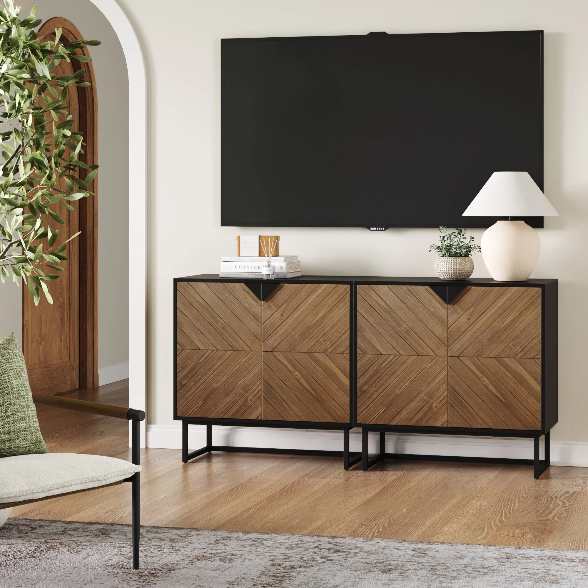 Wood 2-Door TV Console for TVs up to 65 Brushed Fir