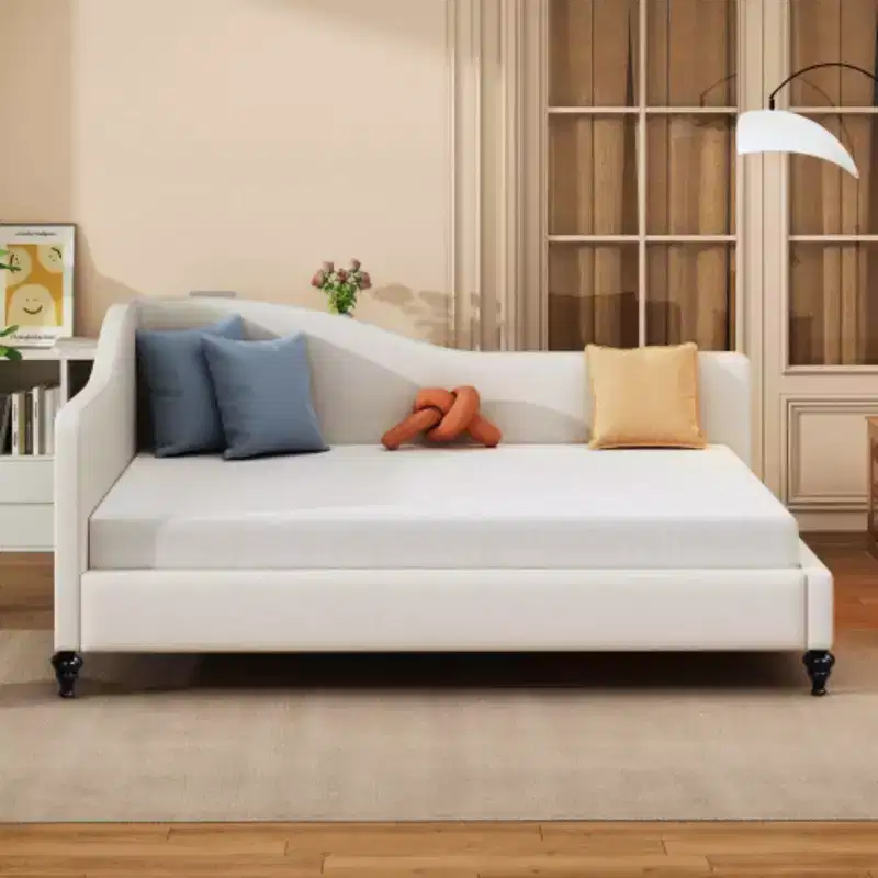 Full Size L-Shaped Linen Daybed, with Solid Wood Legs