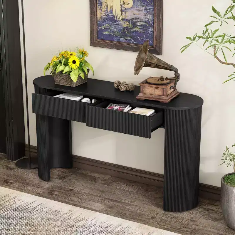 54IN Modern Console Table with Fluted Design, Entryway Table with 2 Storage Drawers and Oval Top, Accent Table for Hallway, Living Room, Black