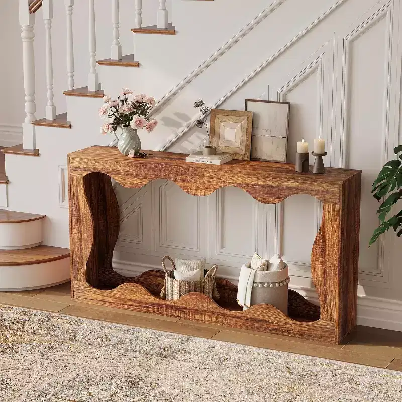 63 Console Table with Storage and Wave line design, Farmhouse Narrow Sofa Table, Behind Couch Table, for Living Room, Bedroom, Entryway