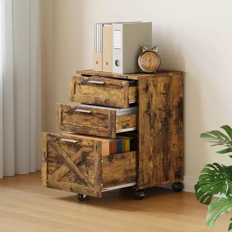 3-Drawer Lockable Wooden File Cabinet, Mobile Under-Desk Rolling Storage Organizer for Letter/Legal/A4