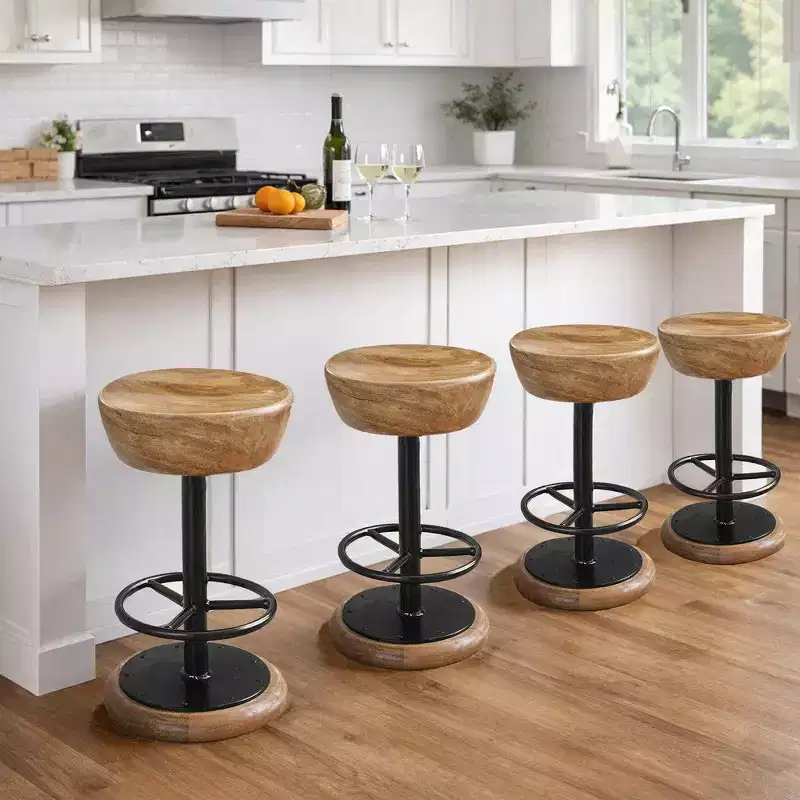Rustic Swivel Counter Bar Stool 24 Inch, Handcrafted Mango Wood Round Seat, Black Iron Base with Footrest