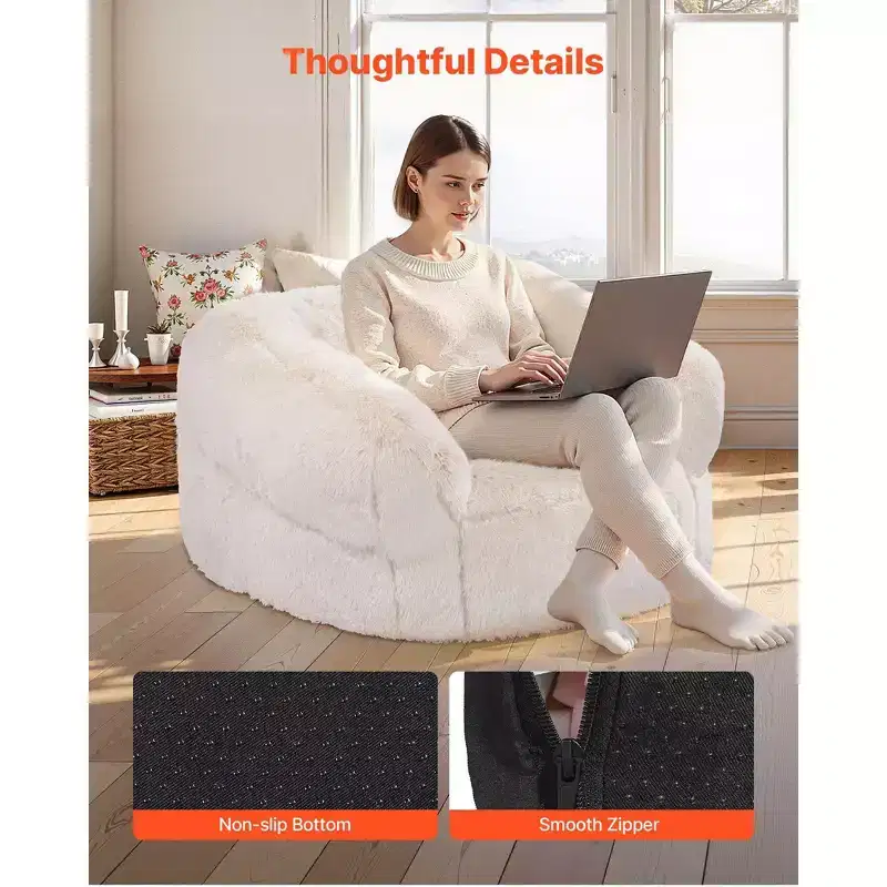 Bean Bag Sofa Chair with Armrests Plush Faux Fur Cover and High-Density Foam Filling Beige