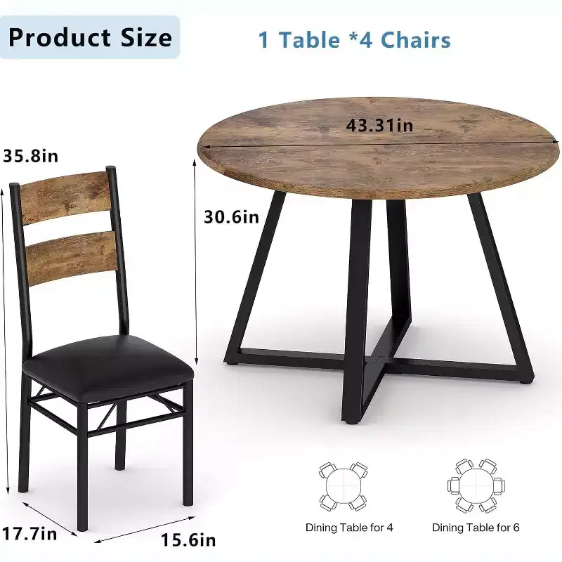 Acekool 43 Inch Round Dining Table Set for 4, 5 Piece Kitchen Table and Upholstered Chair Set, Space Saving