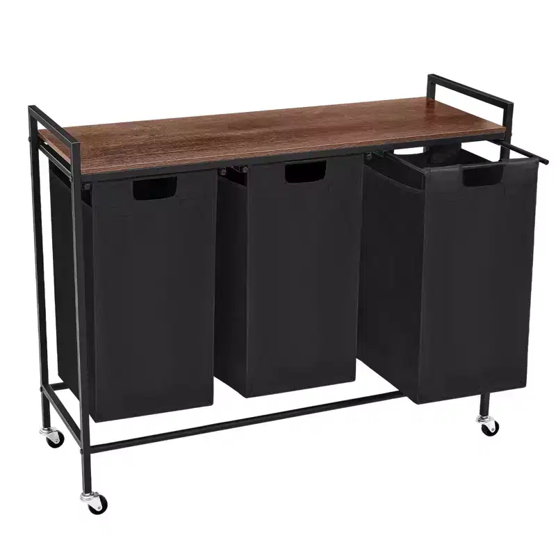 Laundry Sorter 3 Section, Rolling Laundry Hamper with Shelf, 3 Compartment Laundry Basket with Lid