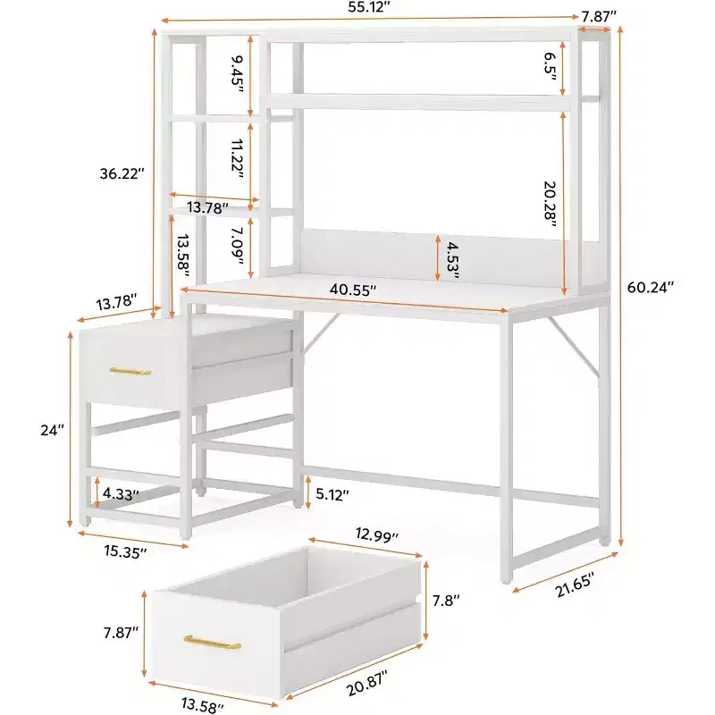 Tall Computer Desk with Hutch, 2 Drawers & Open Shelves, Modern Writing Table, White, 59.89