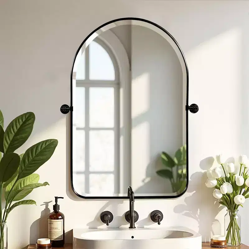 PexFix 32 x 23 Wrought Iron Rounded Arch Black Pivot Wall Mirror Tilting Bathroom Vanity Mirror Metal Framed Adjustable for Bedroom Living Room
