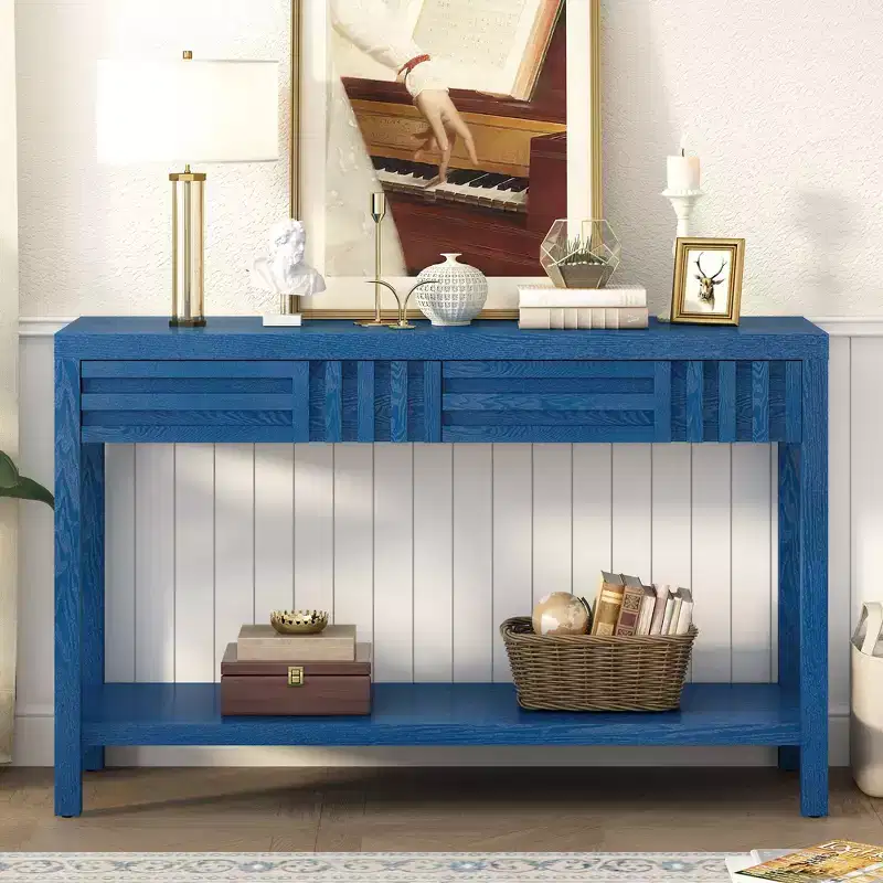 Okak 51.3IN Modern Console Table with Ash Veneer and Striped Design, Entryway Table with 2 Drawers, Hallway Table for Living Room, Foyer, Navy Blue