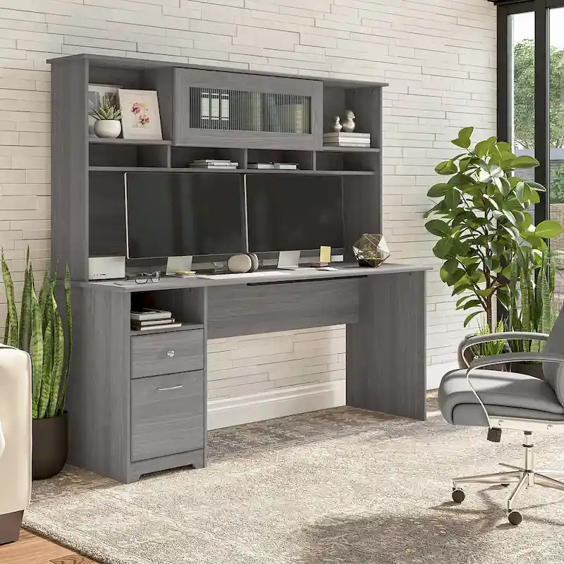 72W Computer Desk with Hutch and Drawers by