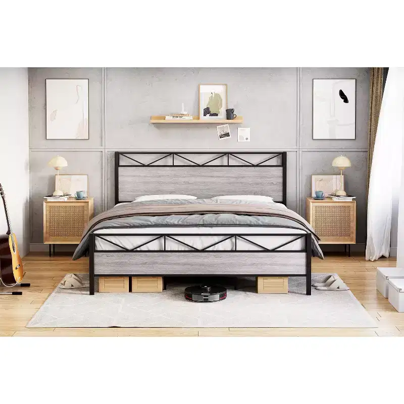King Size Bed FrameMetal Platform Bed Frame with Headboard and FootboardNo NoiseNo Box Spring RequiredEasy to Assemble