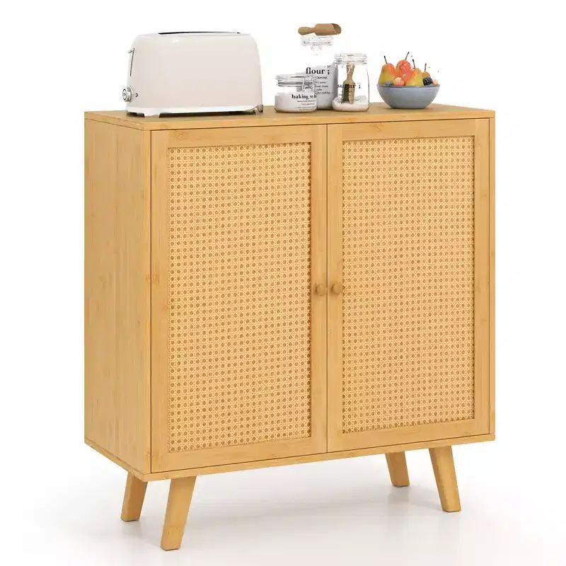 Costway Bamboo Buffet Cabinet w/ PE Rattan Doors Freestanding Kitchen Cupboard Natural