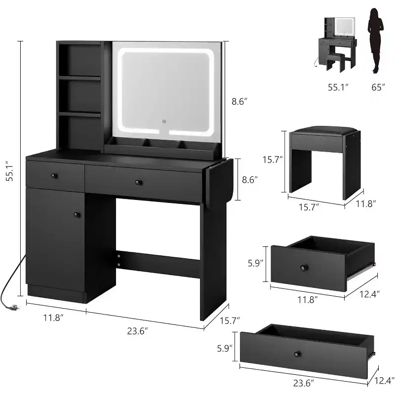 Makeup Vanity Desk with Mirror and Lights, Vanity Table Set with Drawer & Power Outlet  Storage Chair & 3 Shelves, Bedroom