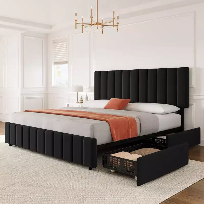 Queen Platform Bed Frame with Adjustable Headboard and 4 Storage Drawers, Linen Upholstered, No Box Spring Needed