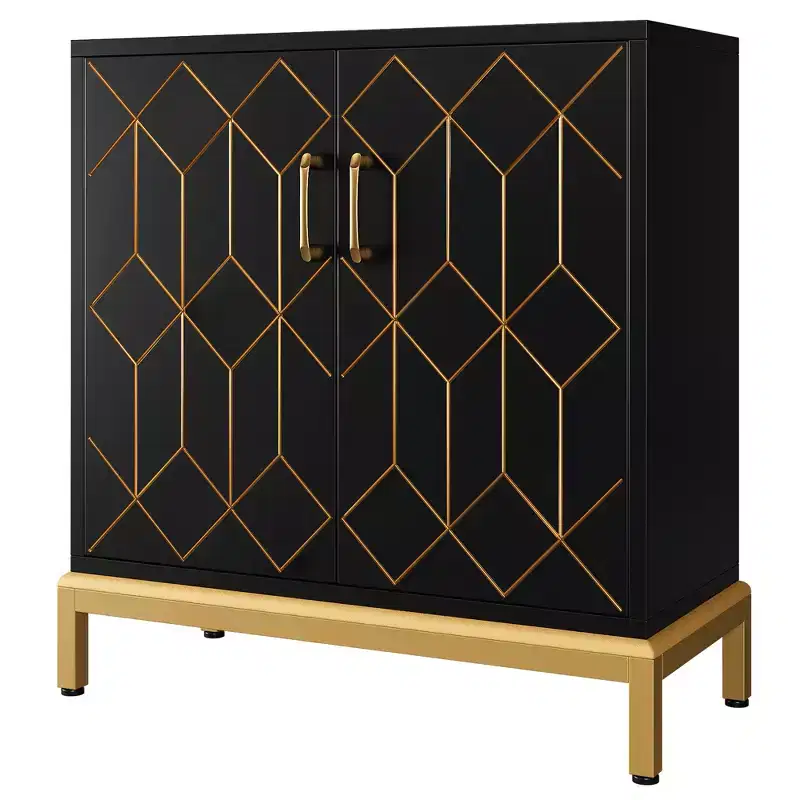 Modern Storage Cabinet with Doors and Adjustable Shelves, Freestanding Accent Sideboard with Gold Line Design for Living Room or Office