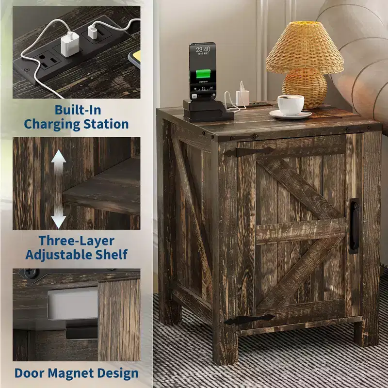Farmhouse Nightstand with Charging Station, 18 Wooden Bedside Table with Barn Door, Adjustable Shelf & Two-Level Storage