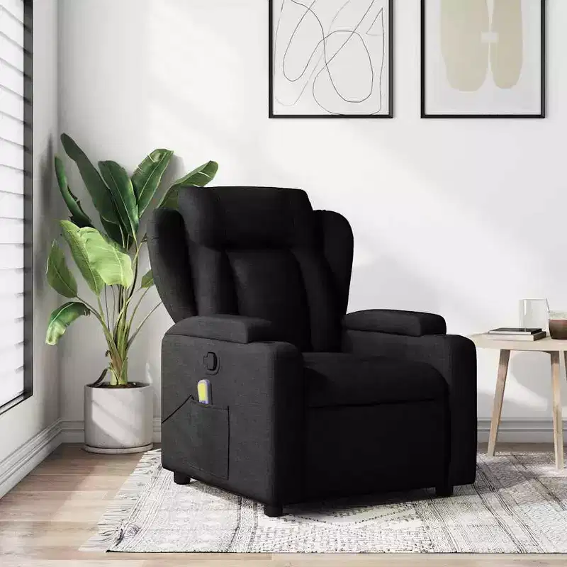 Massage Recliner Chair, Black Polyester Fabric, Adjustable Armrests, Multiple Reclining Levels