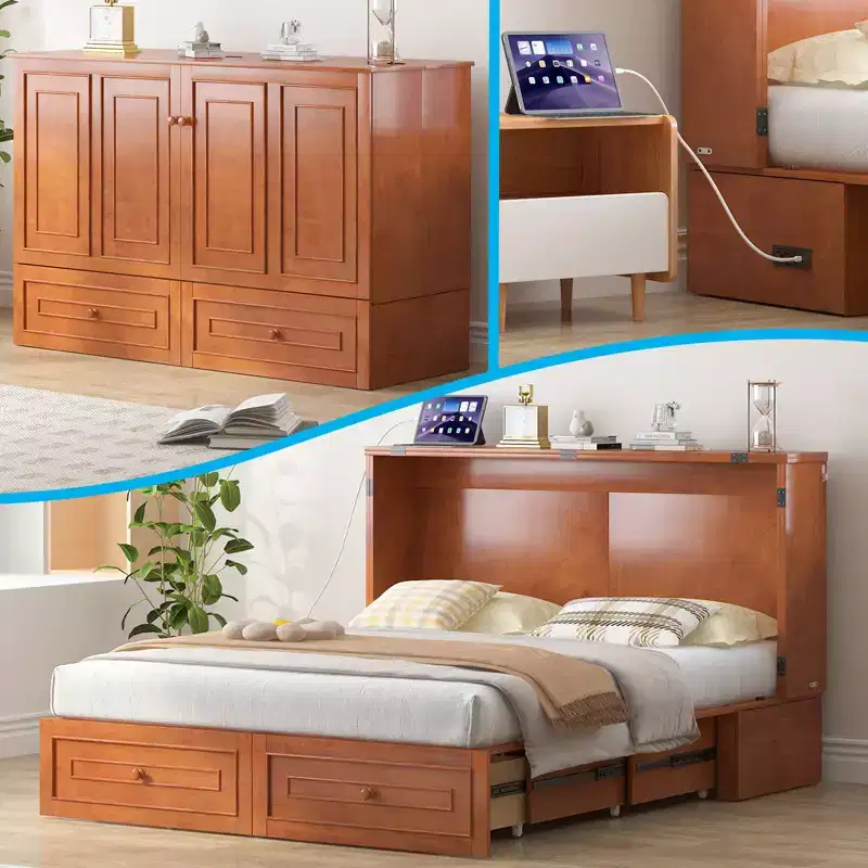 Queen Size Murphy Bed Cabinet with USB Charging Station, Drawers & Tri-Folding Mattress