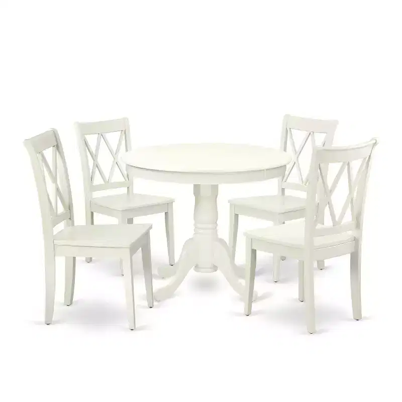 HomeStock 5-Pc Round Linen White Finish Solid Wood Top Dining table with 4 Chairs with Cross Back