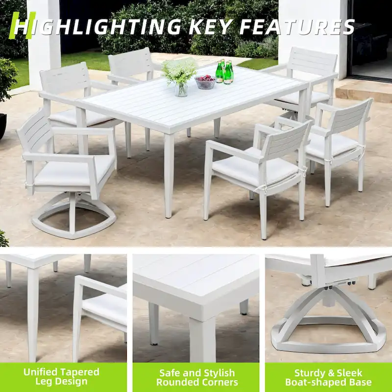 GDFStudio - Matte White & Grayish 7-Piece Patio Aluminum Dining Set with Sunbrella Cushions