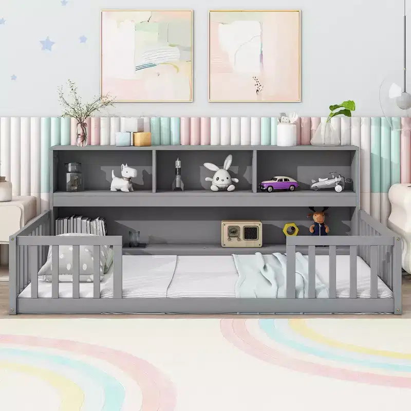 Twin Floor Bed with Bookcase & Guardrails